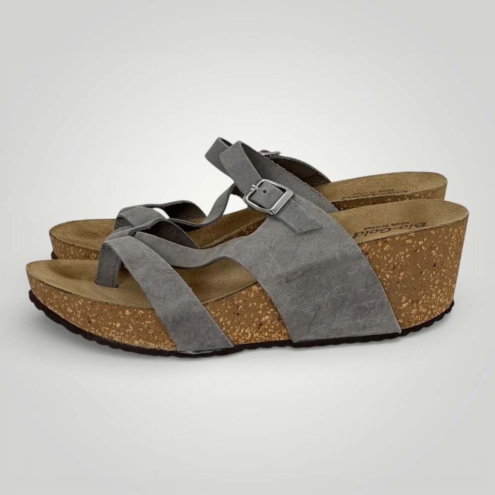 Bio-Gold Gray Suede Cork Wedge Sandals Womens 8 Italy Thong Comfort Shoes - Picture 9 of 14